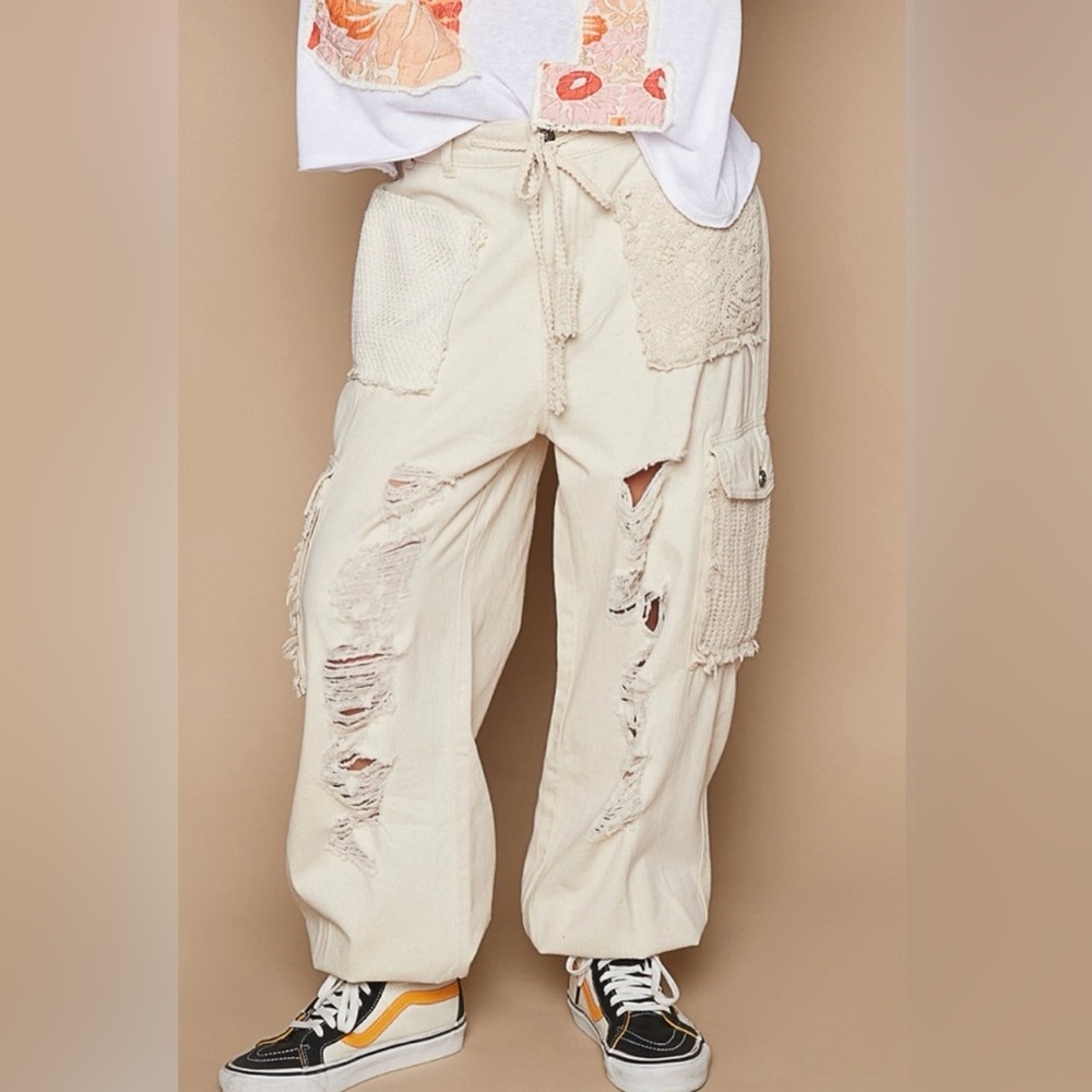 POL Cream Distressed Patchwork Cargo Pants
